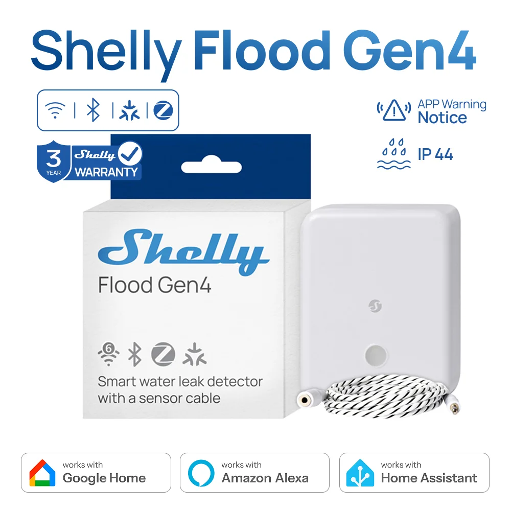 

Shelly Flood Gen4 Умный детектор утечки воды Matter, датчик погружения Zigbee, совместимый с Apple HomeKit, умное соединение
