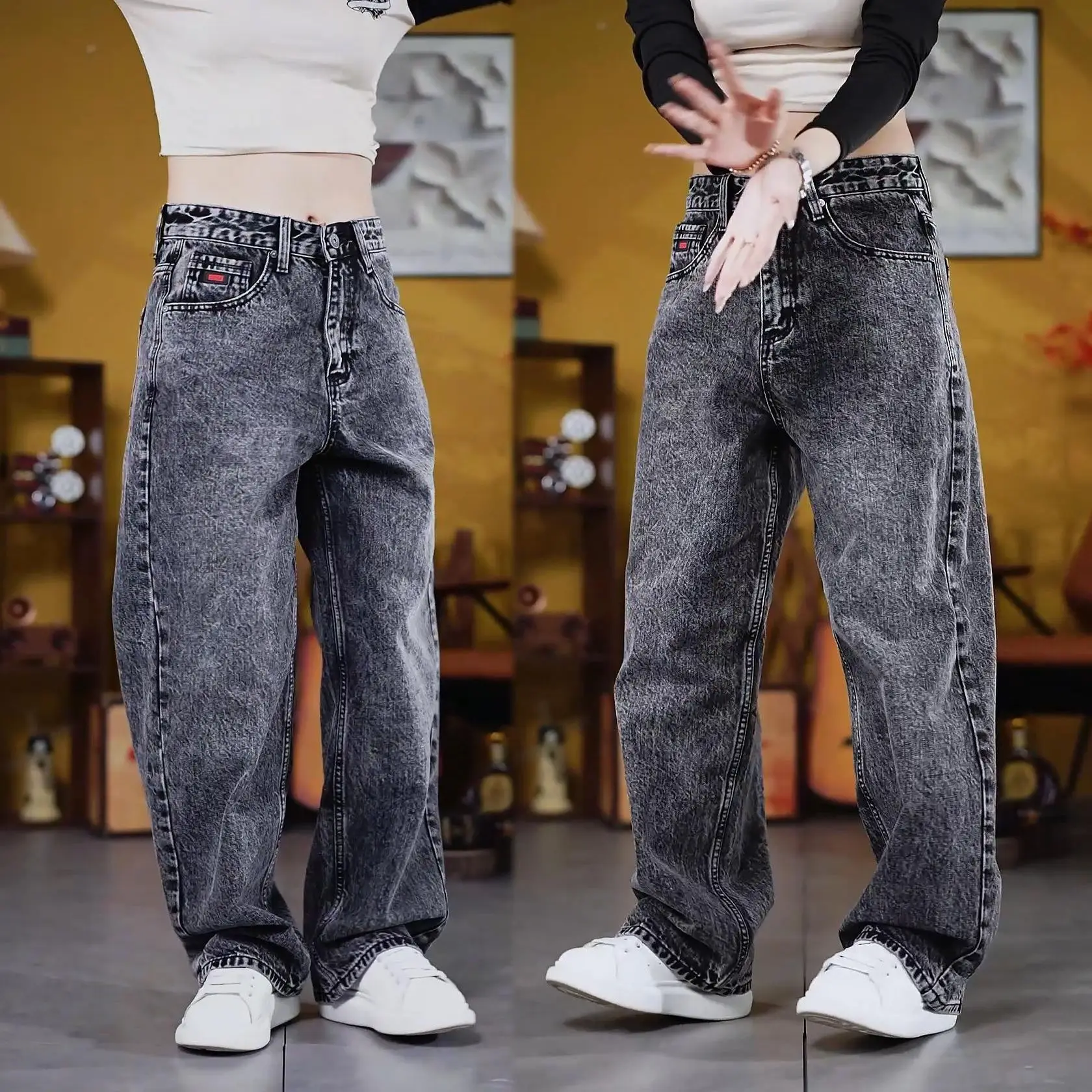 

Мужские джинсы в стиле ретро с эффектом снежинок, свободные прямые брюки, повседневные, модные, из смесового хлопка, износостойкие