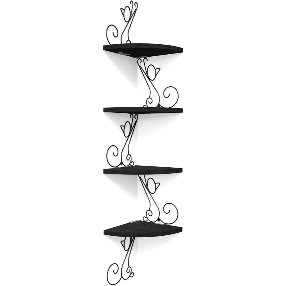 

Corner Shelves - Wall Mounted Floating Wood Shelf, 4 Tier Rustic Storage Shelf, Cat Shaped Shelving for Wall, Solid Wooden Deco
