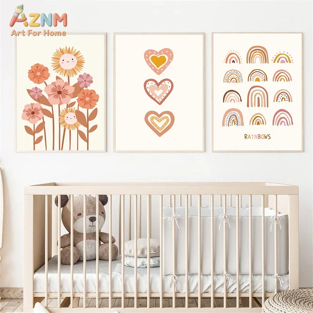 AZNM Boho Cute Sunflower Heart Rainbow Canvas Wall Art, Warm Terracotta Cartoon Floral Unframed Print For Baby Nursery Kids Room