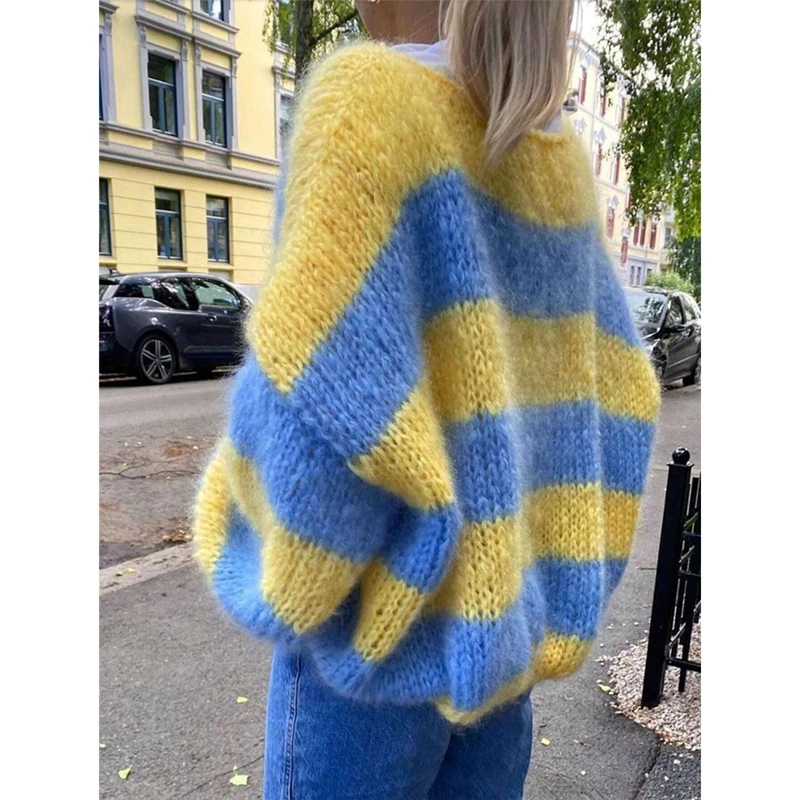 Women Warm Winter Fall Lantern Long Sleeve Sweater Boat Neck Fuzzy Striped Contrast Color Oversized Knitwear Pullover Tops
