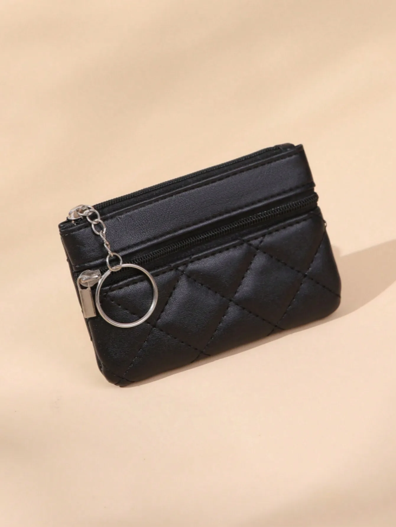 

Women's Short Double Zipper Pocket Wallet Thin Pu Leather With Diamond Shape Stitching Mini Coin Key Wallet Keychain Accessory C
