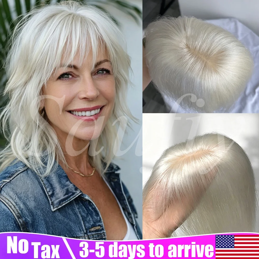 Women Short White Human Hair Toppers With Bangs Real Human Hair 5x9cm Seamless Invisible Clip in Human Hair Toppers for Thinning Hair to Add Volume Natural White Gray Straight Hair Topper Human Hairpieces to Add Volume