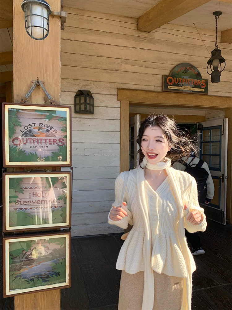 

Ele Knitted Scarf Waist-Cinching Sweater Jaet Women's Autumn Winter V-ne Cardigan Sweet Sle Self-made Brand