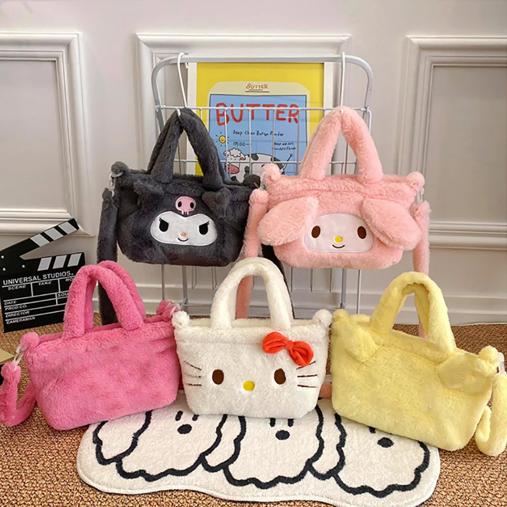 Sanrio Plush Messenger Bag Shoulder Bags Backpack Hellokitty Kuromi Mymelody Handbag Kawaii Anime Detachable Shoulder Strap Tote