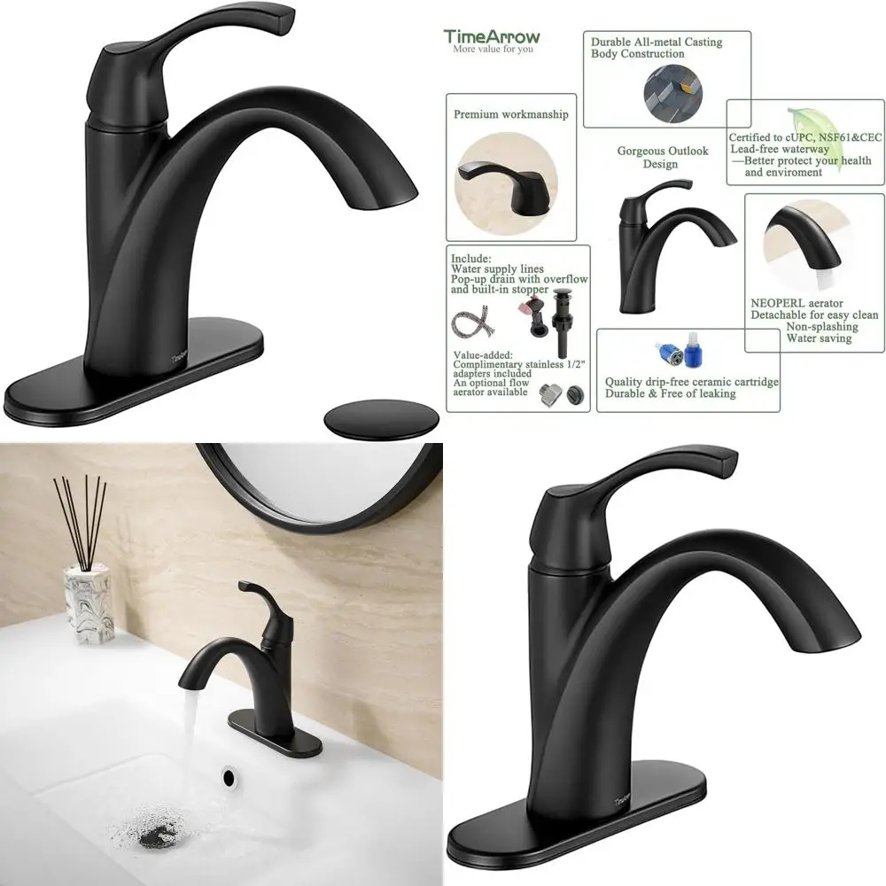 

Matte Black Single Handle Lavatory Faucet with 3-Hole Deck Plate, Pop-Up Drain & Supply Lines, TAF206-MB