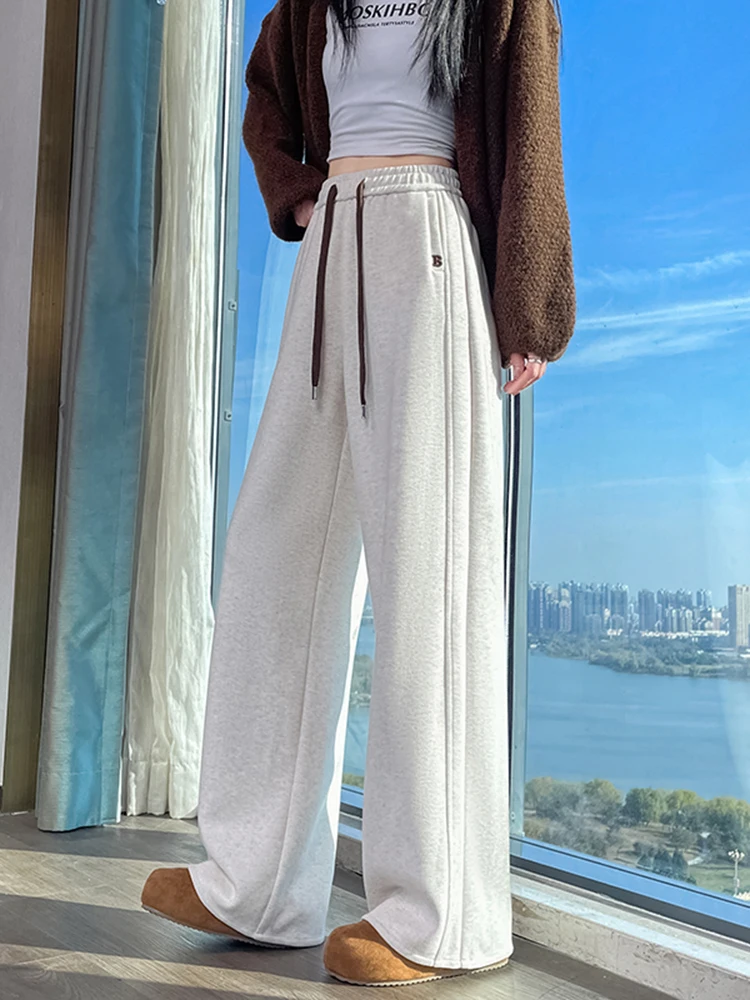 بنطلون نسائي شتوي دافئ ومريح بخصر عالٍ وساق واسعة مستقيمة مع بطانة داخلية، سروال كاجوال فضفاض