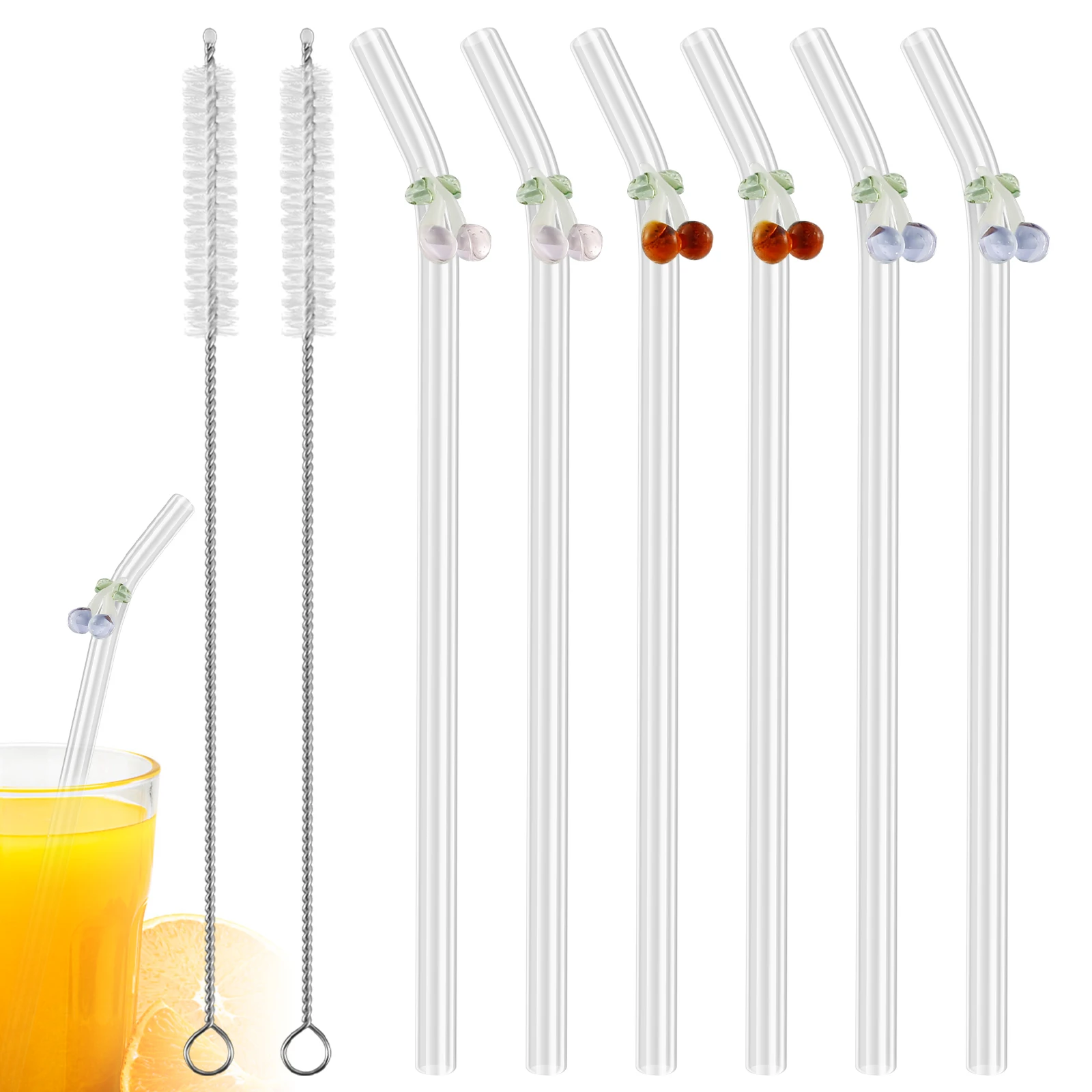 5/6Pcs Reusable Drinking Straws Clear Glass Drinking Staws with Cleaning Brush Cute Butterfly Cherry Mushroom Straws