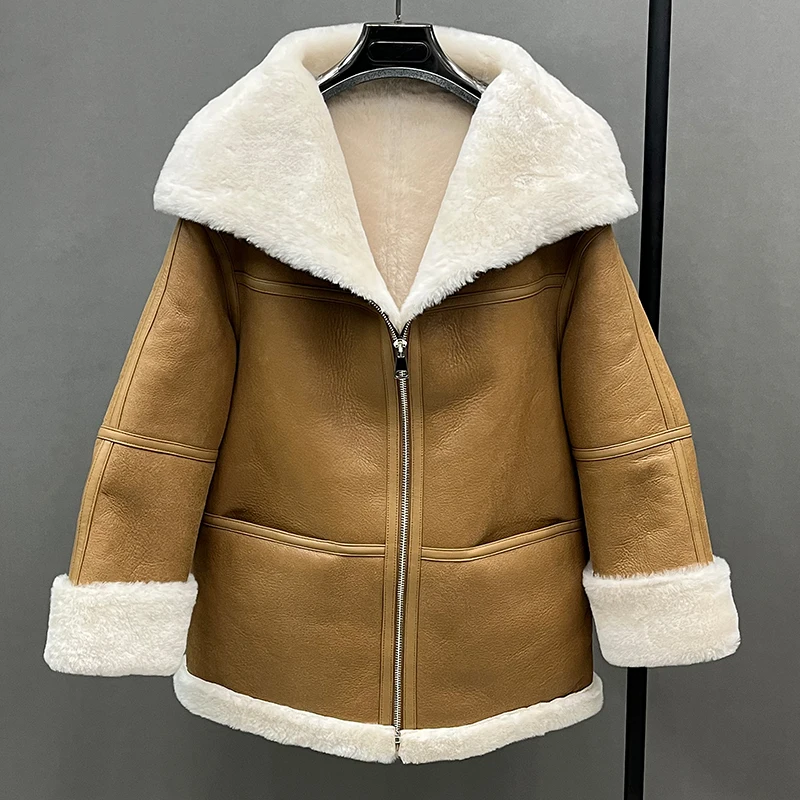 

2023 Women Leather Jackets Shearing Real Sheepskin Leather Motorcycle Jacket Double Face Winter Warm Coats MH3894L