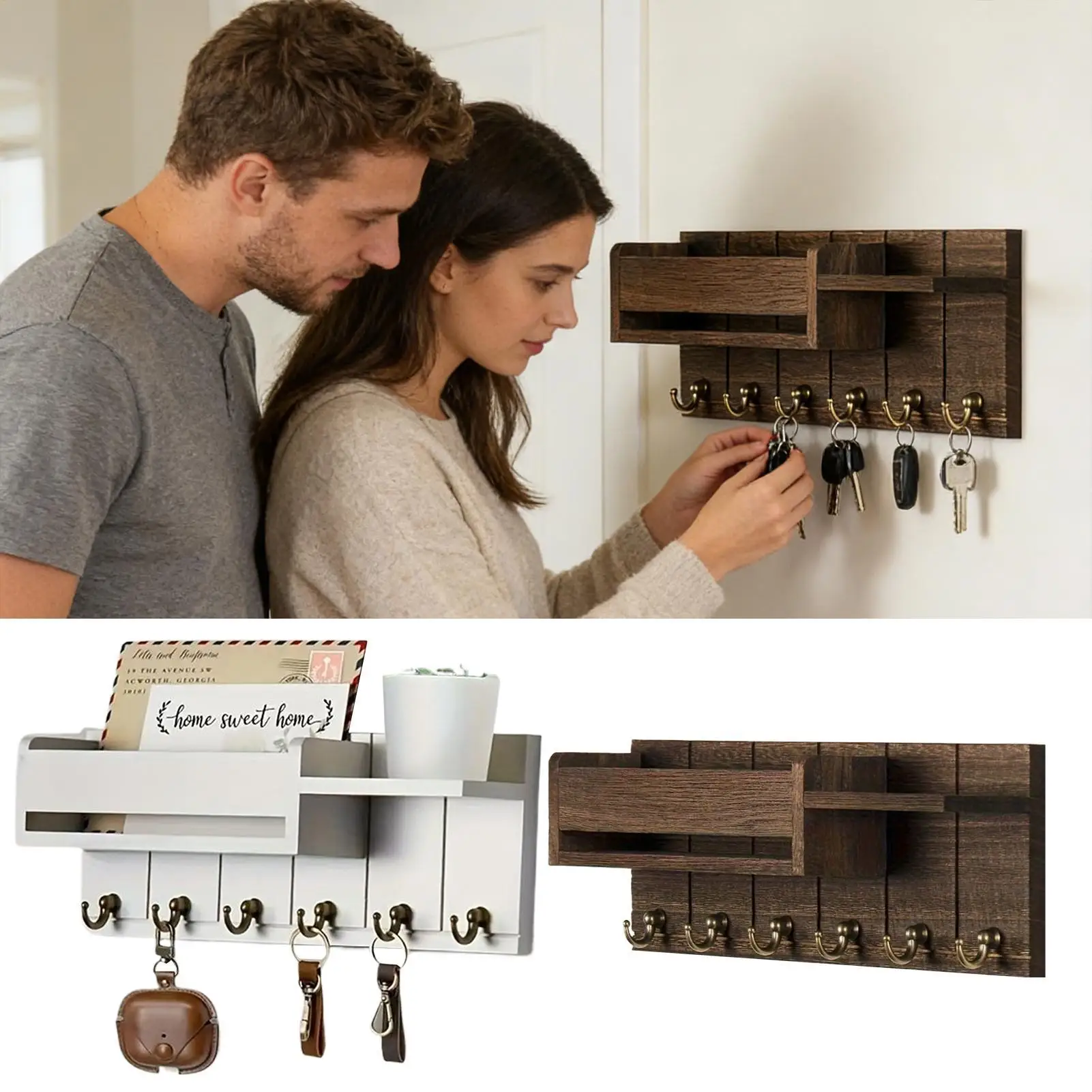 

Настенный органайзер для ключей с 6 крючками, деревянная полка для ключей, почты и поводков для животных, для дома