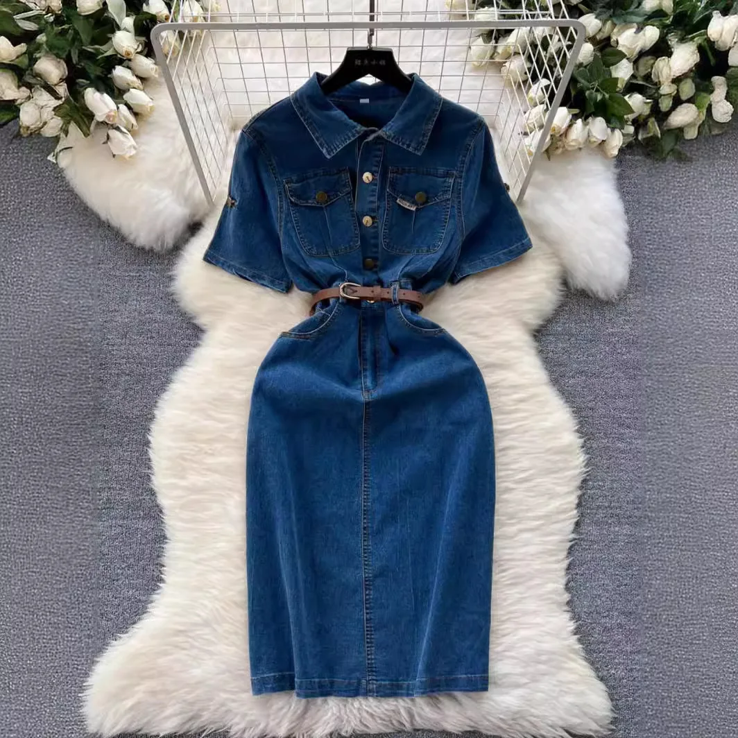 

Design Sense Niche Denim Short-sleeved Dress Women. Korean Version Summer Leisure Temperament in The Long Slim-fit Shirt Dress