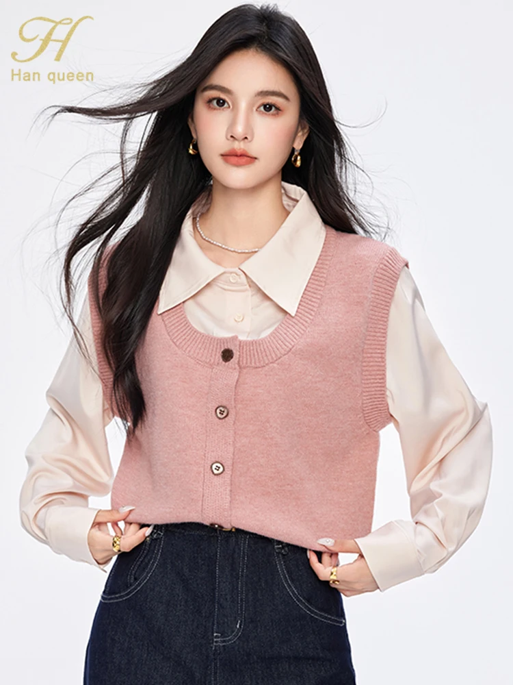 

H Han Queen Pullover Sweaters Women Pink Fashion Buttons Elegant Patchwork Knitwear Simple Office Casual Sweater Reviews