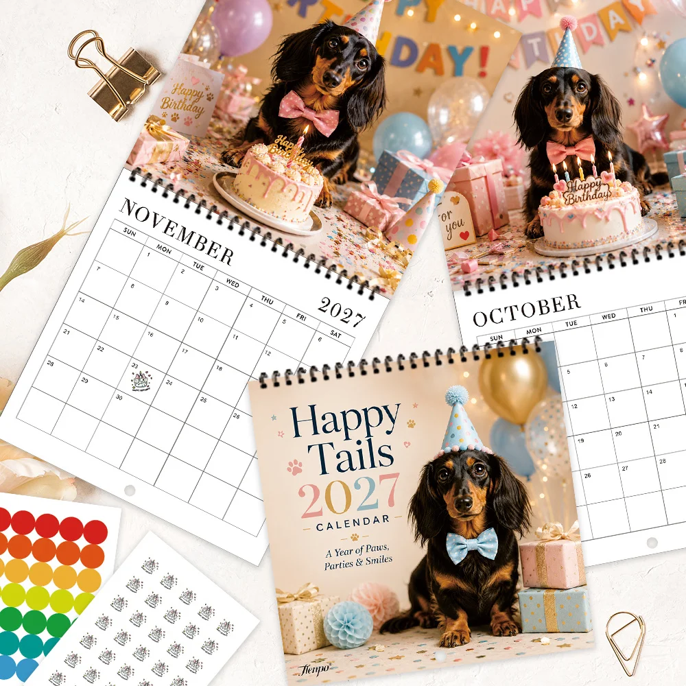 1pc 2027 Happy Trail Dachshund Wall Calendar,12‑Month Planner,Gift For Back‑to‑School,Christmas,New Year,Free Stickers Included