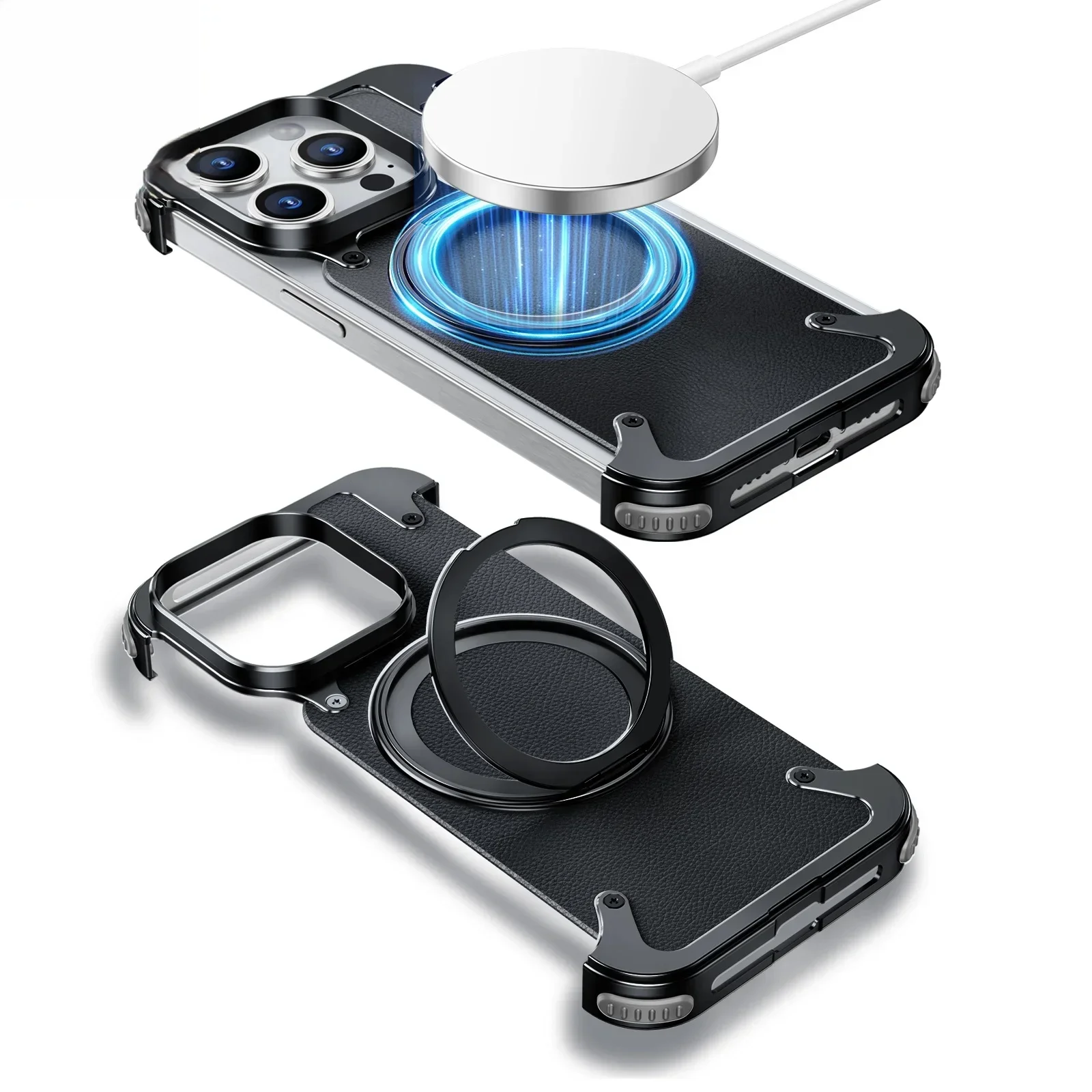 

for iPhone 16Pro/16Pro Max Phone Case Magnetic Bumper Wireless Charging Leather Phone Cover w/Stand