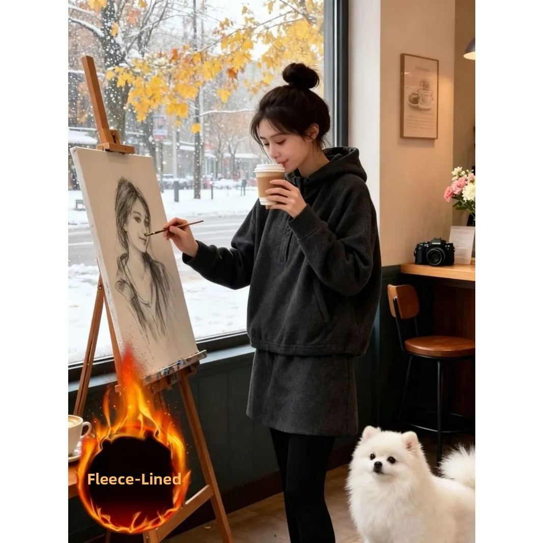 Fleece Lined Hoodie And Pants Set Women's Winter Warm Outfit Short Skirt Two Piece Suite Casual Sportswear Velvet Imitated
