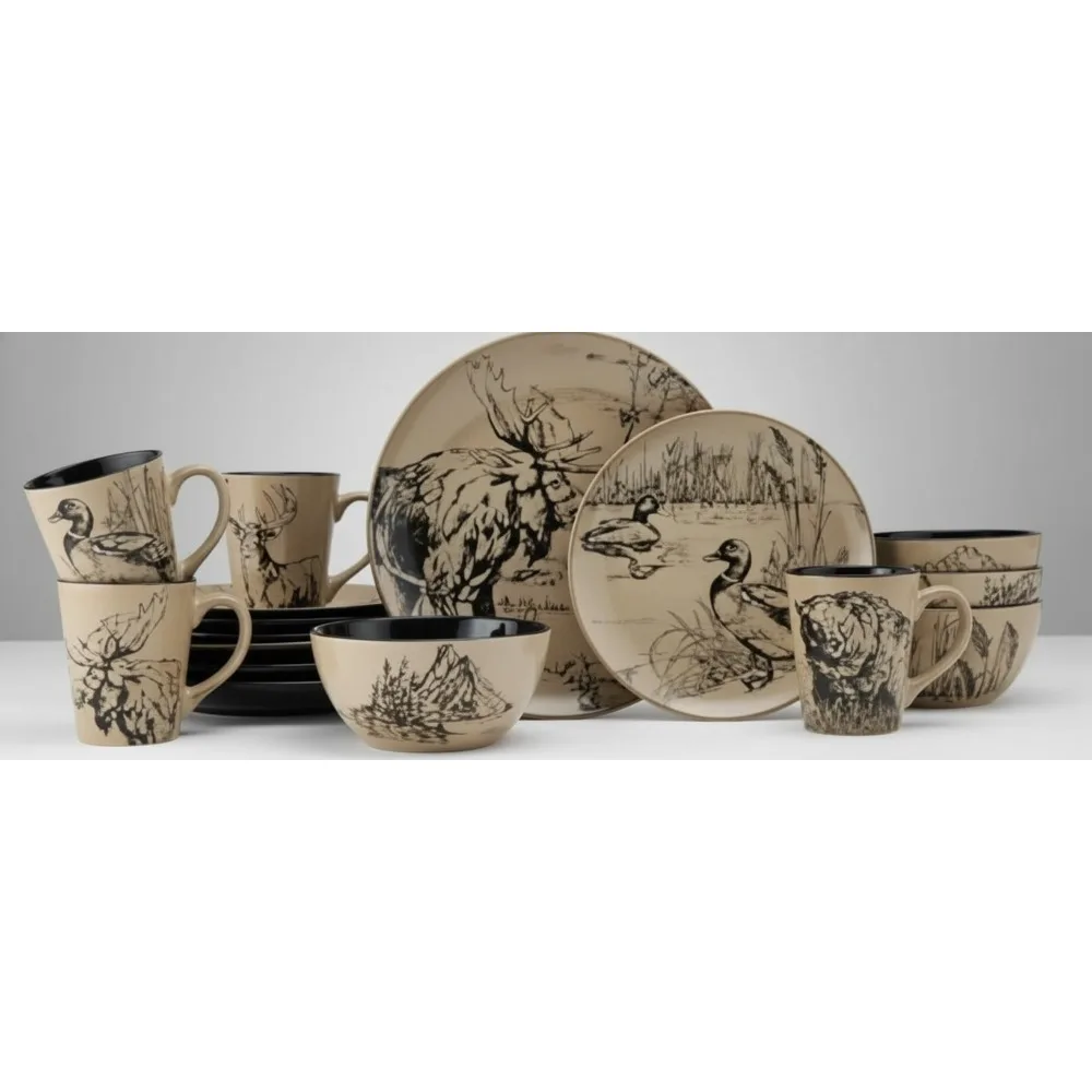 

16-Piece Lodge Style Dinnerware Set for 4, Animal Print Stoneware Plates Bowls Mugs, Dishwasher & Microwave Safe