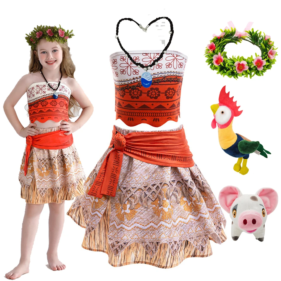 Kids Moana Costume Set for Girls Polynesian Princess Dress Layered Tribal Print Skirt with Orange Sash Halloween Cosplay Outfit