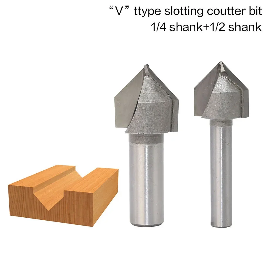 1PC 1/4" 6.35MM 1/2" 12.7MM Shank Milling Cutter Wood Carving 90 Deg V Type Slotting Cutter Tungsten Woodworking  Router Bits
