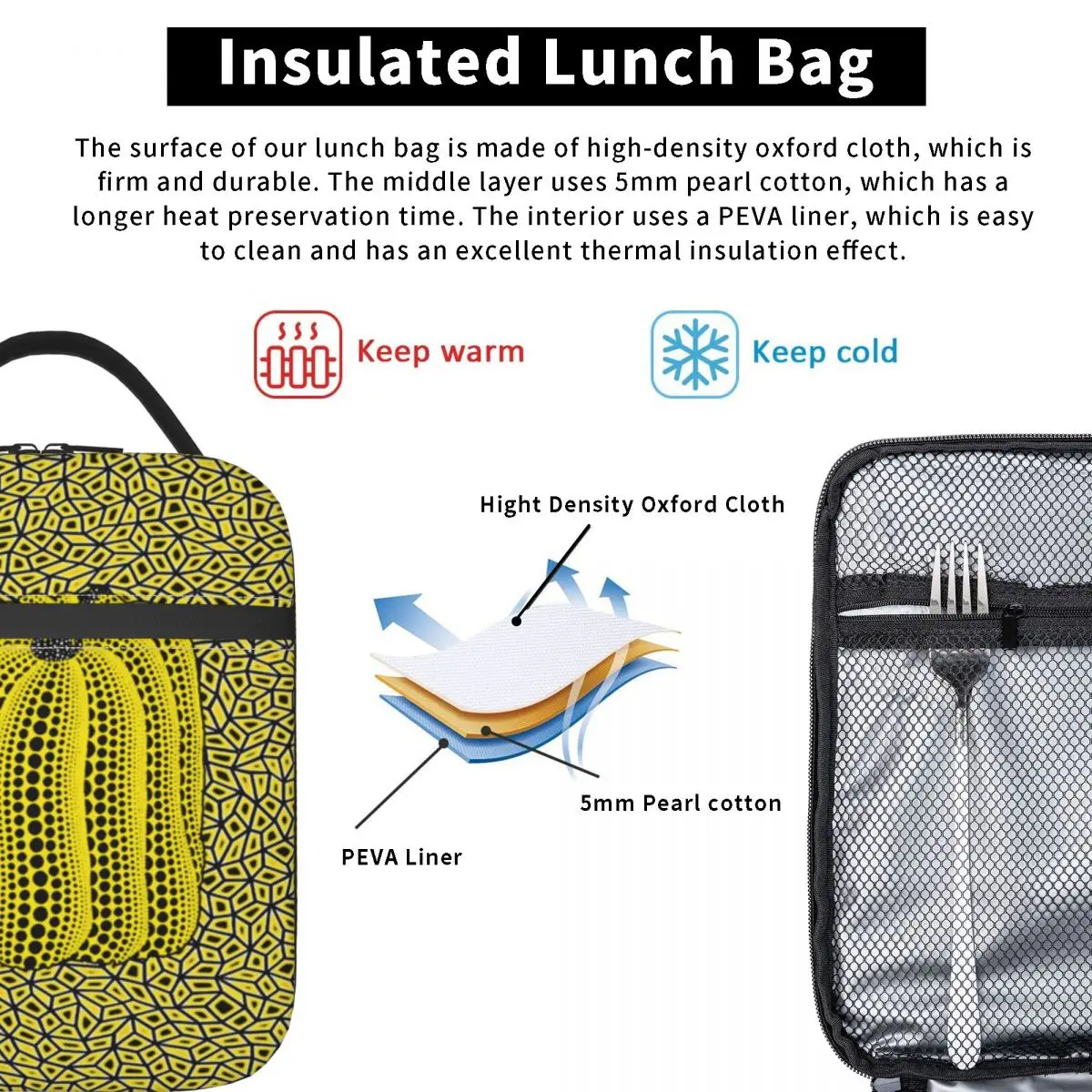 Yayoi Kusama Dots Pumpkin Infinite Nets Thermal Insulated Lunch Bags Portable Bag for Lunch Cooler Thermal Food Box