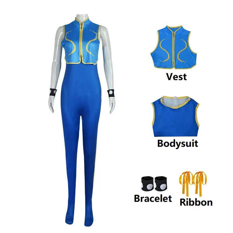 Chun Li ชุดคอสเพลย์ชุดคอสตูมสำหรับเล่นเกม SF Chunli ชุดกี่เพ้าสีน้ำเงินชุดปาร์ตี้ฮาโลวีน JACKIE Kung Fu ทั้งชุดเพื่อความสนุกสนาน