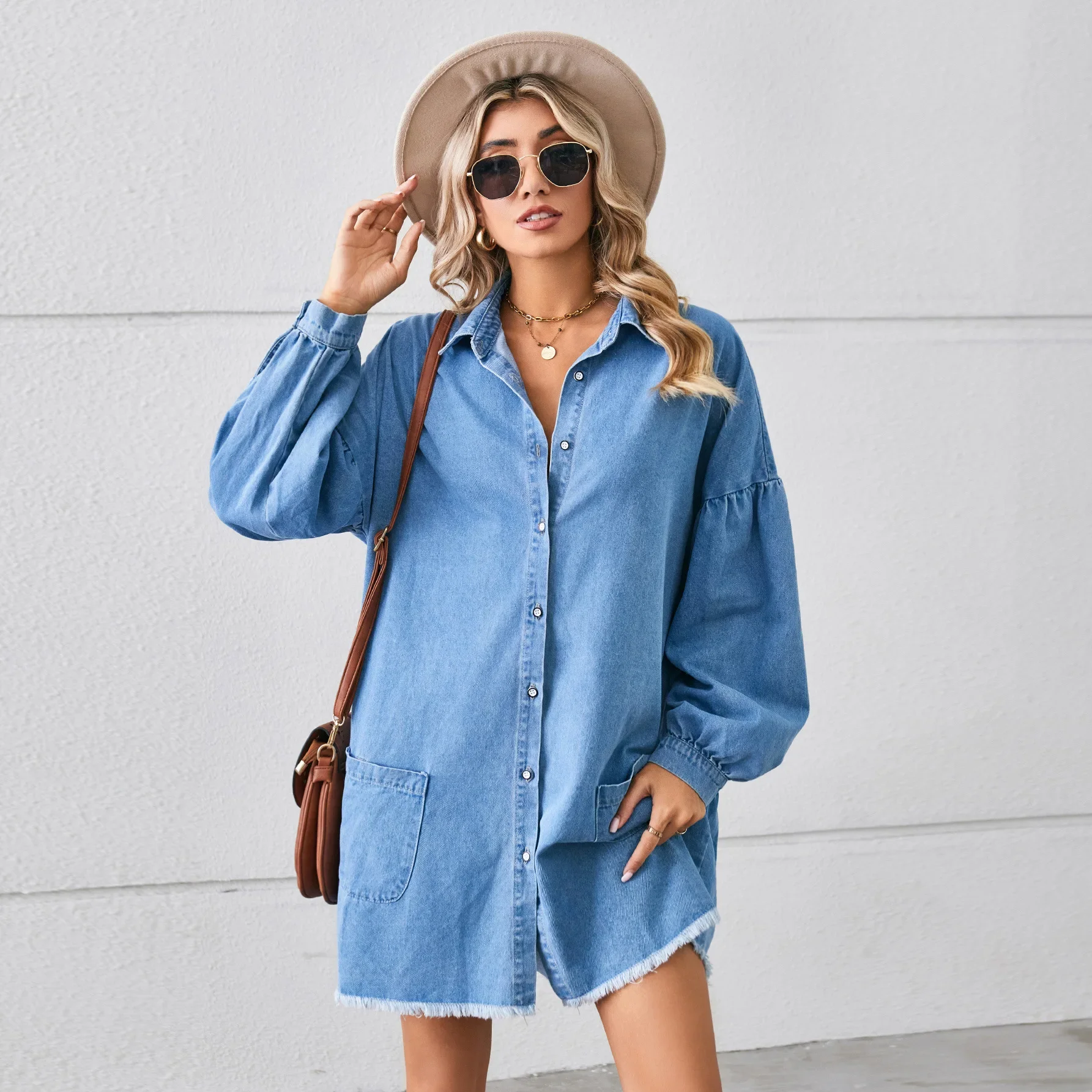 

Women Dresses Long Sleeve Solid Denim Dress Single Breasted Pockets Loose Washing Knee Length Vestidos Casual Button 2025