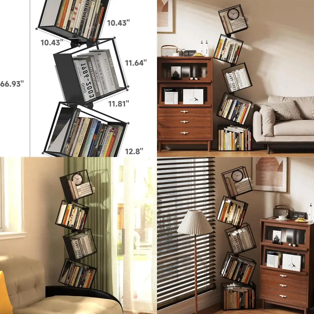 

Современная 5-ярусная металлическая книжная полка с геометрическим рисунком — компактная черная напольная подставка для дома, офиса и угловых помещений