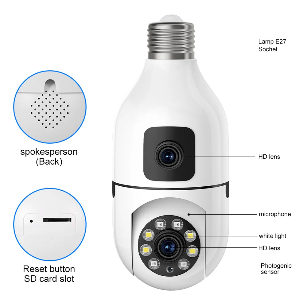 1080p Dual Lens Wifi Camera Security With E27 Connector Full Color Night Two Way Talk Cctv Camera Security