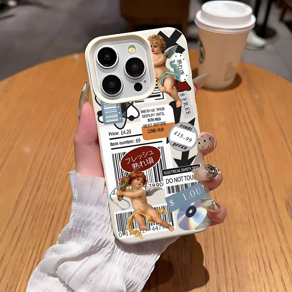 Cupid Record Label Lichee leather pattern Phone Case For iPhone 17 16e 16 15 14 13 12 11 Air Pro Max Plus X XR Shockproof Cover