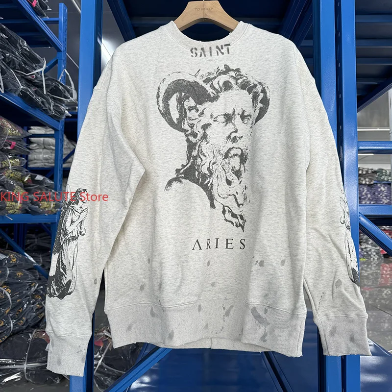 Winter Series SAINT Round Neck Oversized Men Sweater ARIES Print Beige Vintage Pullover Streetwear