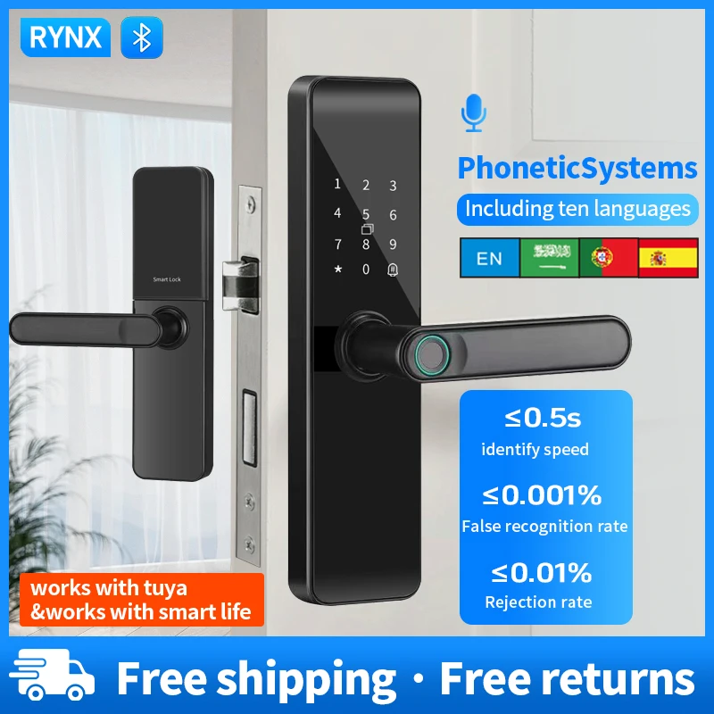 Rynx Tuya Bluetooth Digital Electronic Lock With Biometric Fingerprint Intelligence Door Lock for  Smart Keyless Home Life APP