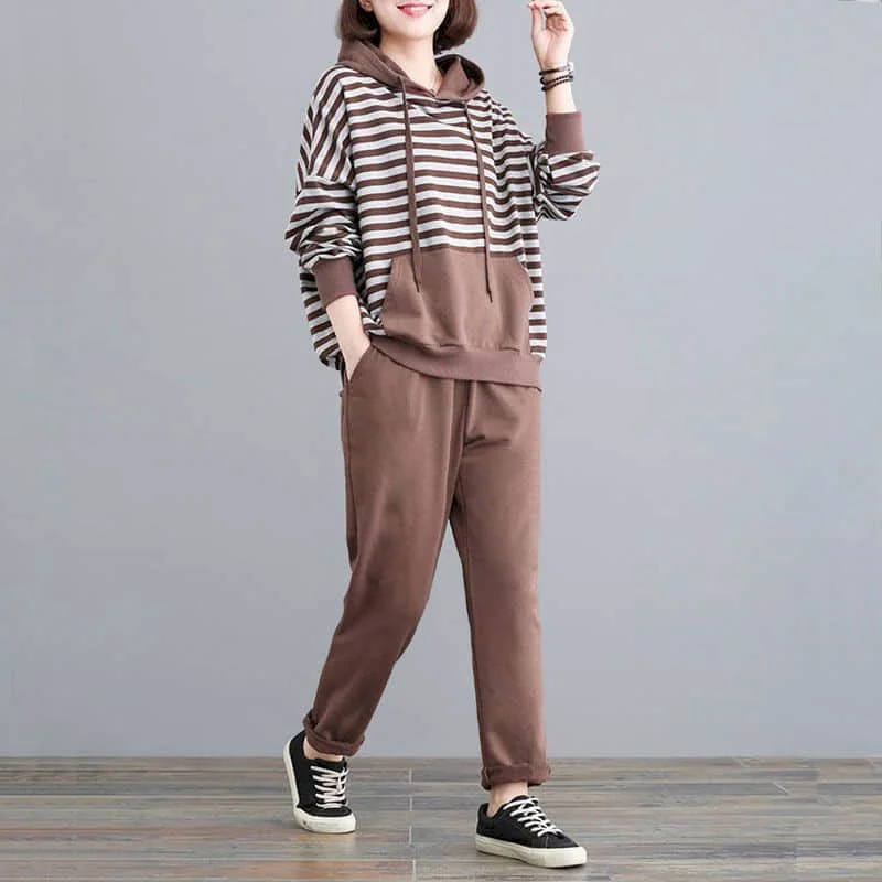

Pants Set Casual Oversized Long Sleeve Hoodies and Elastic Waist Harem Pants Striped Korean Style Two Piece Sets Women Outfits