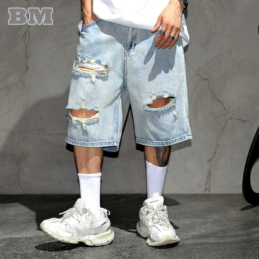 

American Streetwear Ripped Denim Shorts Summer Korean Fashion Hip Hop Baggy Jeans Kpop Skateboard Jorts Men Casual Blue Shorts