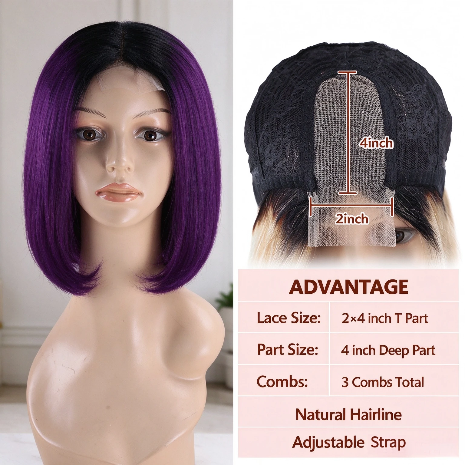 2x4 Lace Frontal Bob Wig Ombre Purple 100% Human Hair Short Straight Natural Wig suitable for Christmas Halloween and Party