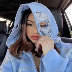 High quality new fashion women's new ladies street hoodie skull rhinestone zipper hooded sweatshirt winter clothes women