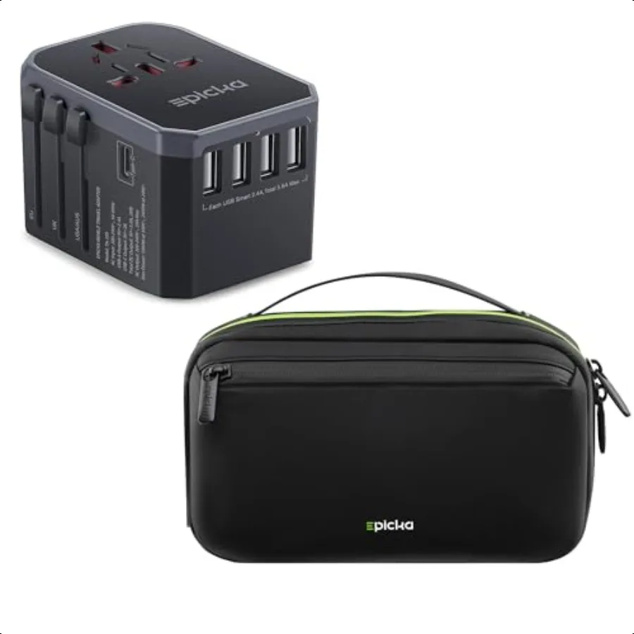 

Universal Travel Adapter with USBC 4 USBA Ports Black and Electronics Organizer Travel Case Black