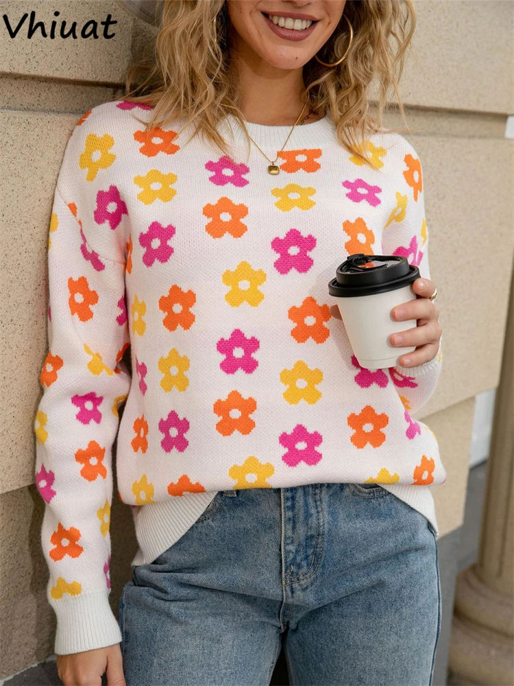 

Vhiuat Floral Print Long Sleeve Loose Knitted Sweater Women Clothes Vintage Fashion Pullovers Autumn Winter Warm Casual Lady