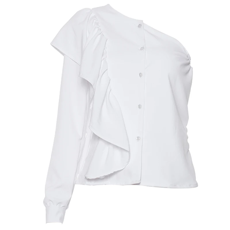 Sloping Solid Color Shoulder Collar Top Ruffled Shoulders Shirt One-sleeve Fashion Y2k Top Single-breasted Clothes for Women