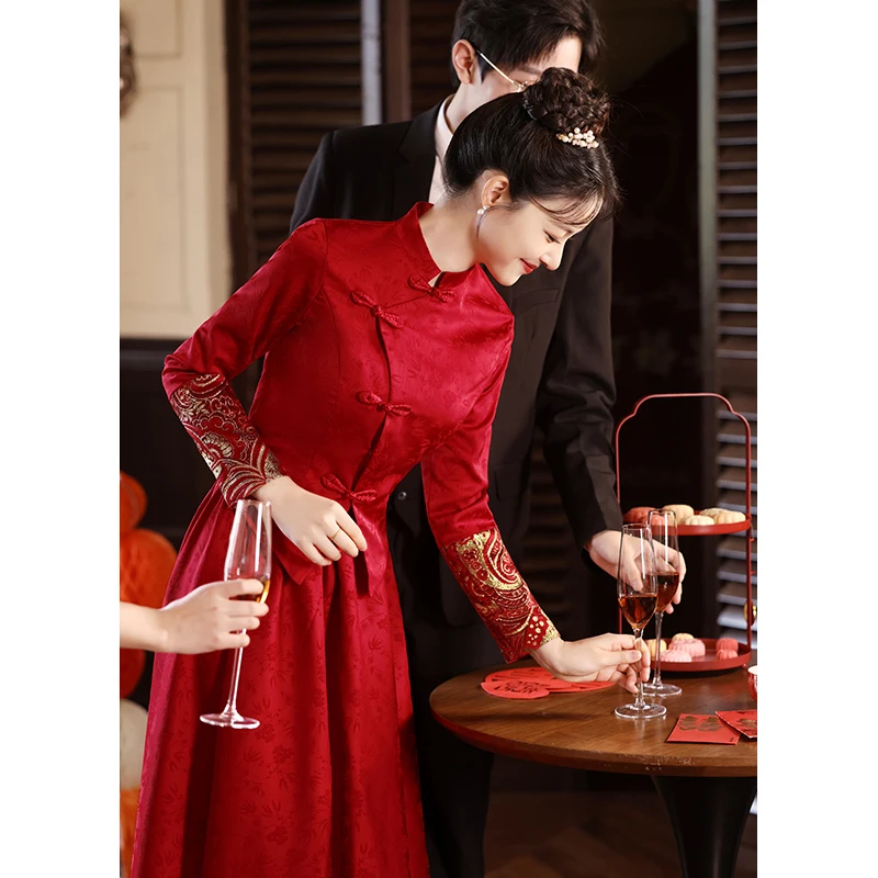 

Красный китайский свадебный комплект: простой и элегантный наряд для новобрачной, длинная юбка для церемонии помолвки, традиционный костюм