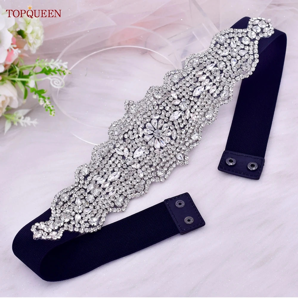 TOPQUEEN S233-B Women Black Elastic Belt All-match Silver Rhinestones Crystal Women Dress Gown Elegant Female Daily Sash Sparkly