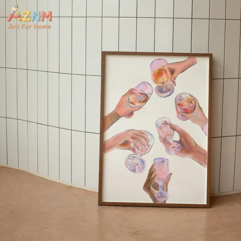 AZNM Cheers Cocktail Hands Canvas Wall Art Colorful Drink Toast Painting Print Bar Kitchen Aesthetic Home Decor Unframed