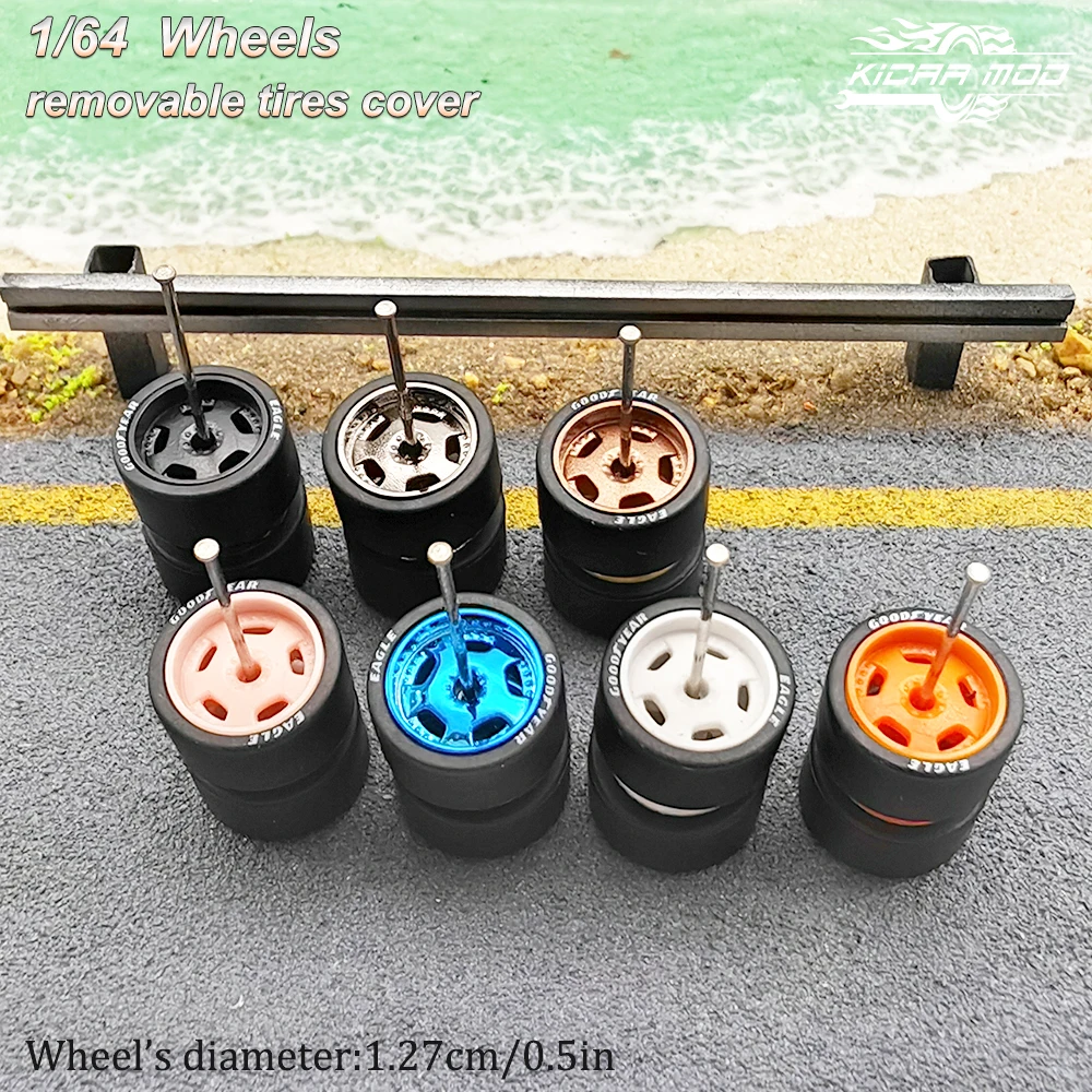 1/64 Wheels Detachable Rubber Tires Circular Spokes 12.7mm for Model Cars Refiting Parts for Hotwheels (5 sets for 5 Cars)