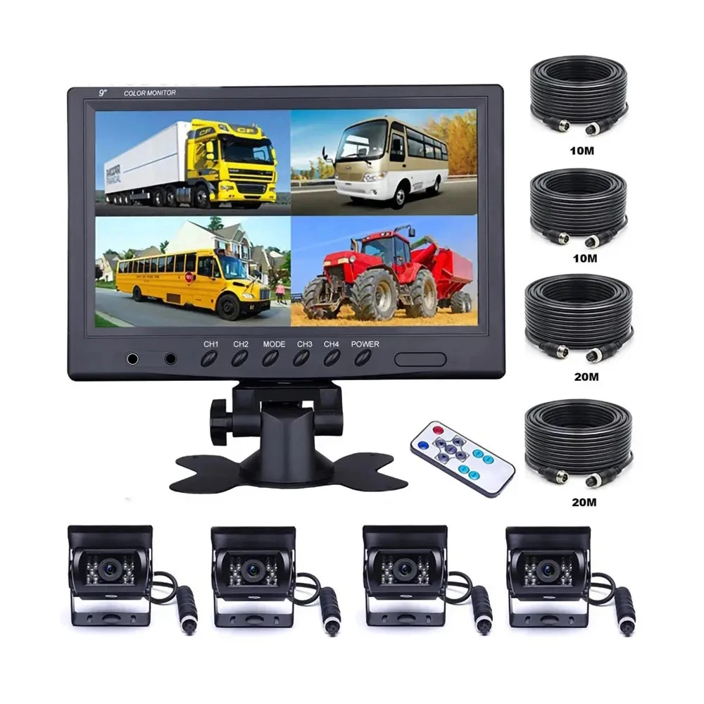 

4-Split 9-Inch LCD Backup Camera with Front & Rear View IR Night Vision Waterproof for RV Trailer Bus Trucks