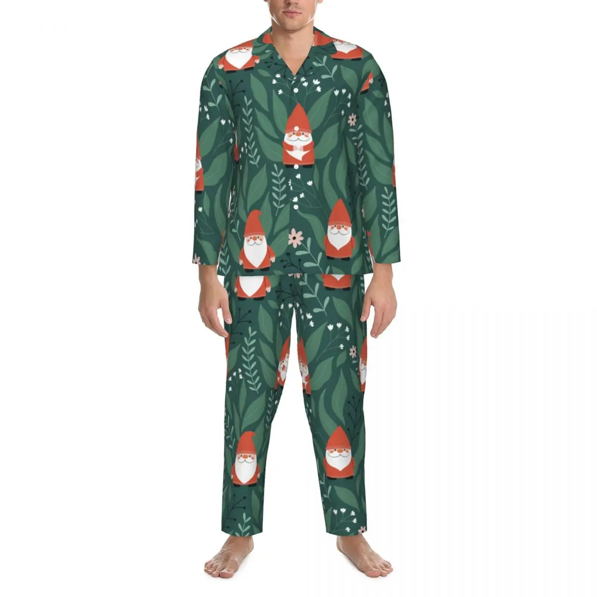 Christmas Funny Garden Gnomes Pajama Set Lovely Sleepwear Man Long Sleeve Casual Home 2 Pieces Nightwear Plus Size