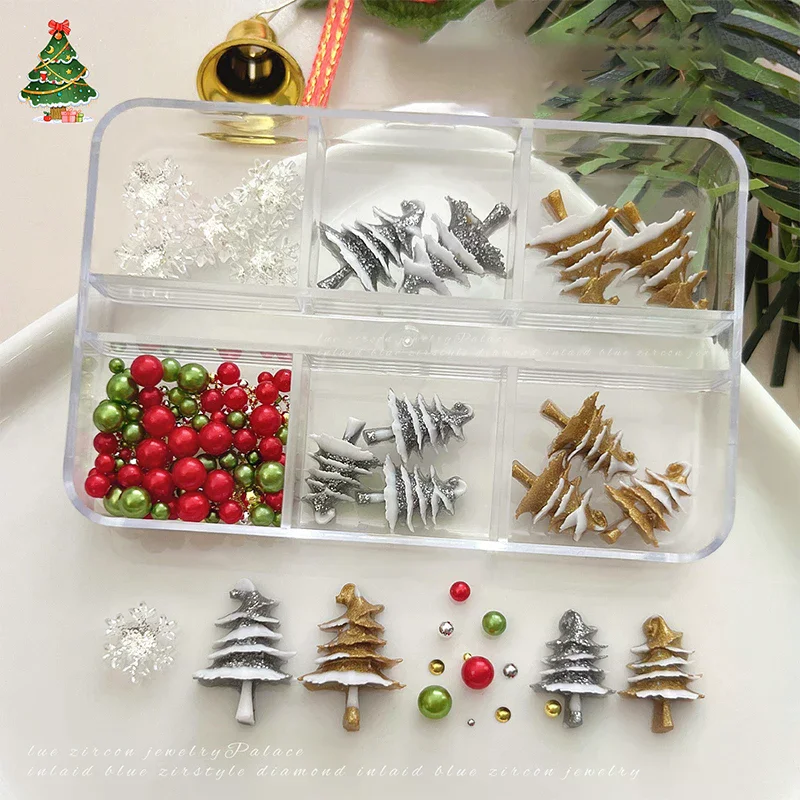 6 griglie/scatola Natale rosso/verde perline fiocco di neve strass per unghie dimensioni miste perline colorate ciondoli Nali gioielli per manicure natalizi