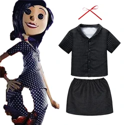 Coraline Costume Kids Girls Black Coraline Cosplay Horror Halloween Tshirt + Pants Canival Birthday Party Costume Free Red Rope