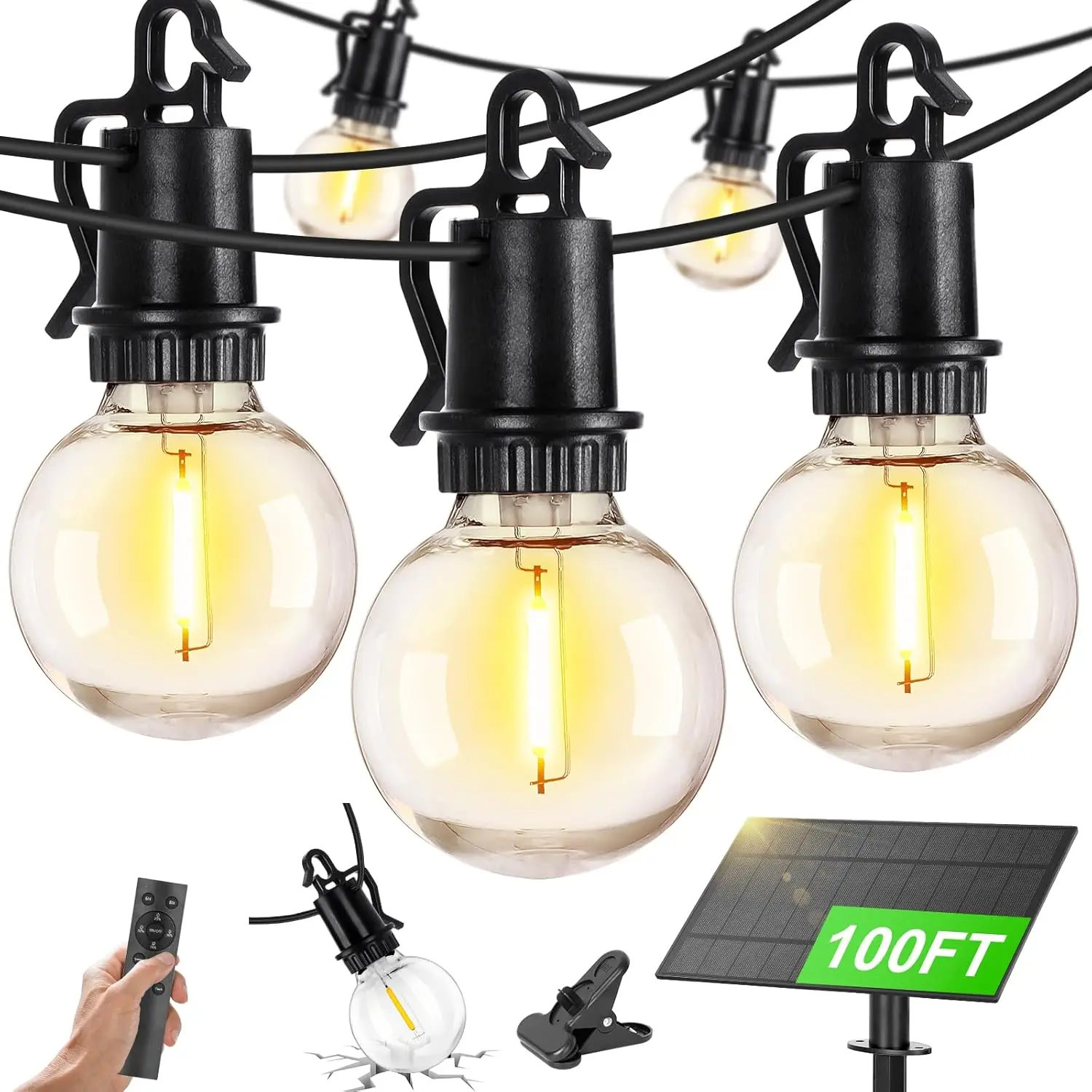 

Солнечные гирлянды 30 м (100 футов) для улицы, водонепроницаемые, с пультом ДУ, USB-портом, 32 светодиода, ударопрочные, с регулировкой яркости, для сада, патио, двора, кемпинга