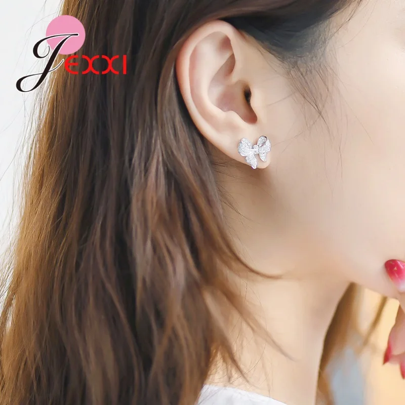 Genuine 925 Sterling Silver Bow Pattern Stud Earrings For Women Girls Wedding Dating Engagement Jewelry Accessory Hot Sale