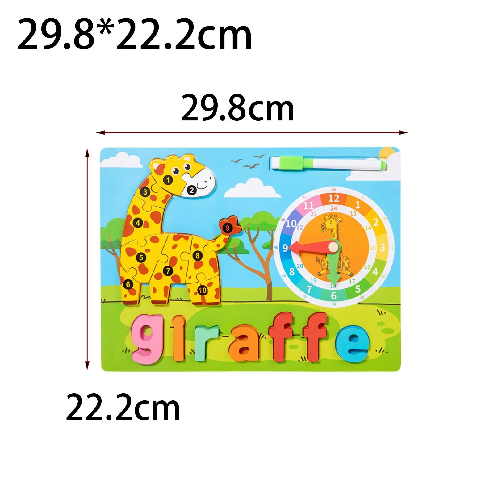 Puzzle animal en bois Montessori avec horloge pour enfants, jouet alphabet, garçons, filles, enfants