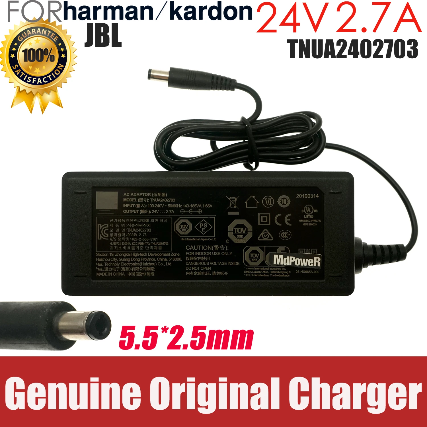 

Original TNUA2402703 24V 2.7A AC Adapter Charger For JBL-HARMAN Wireless Bluetooth Echo Wall Home Theater Stereo Power Supply