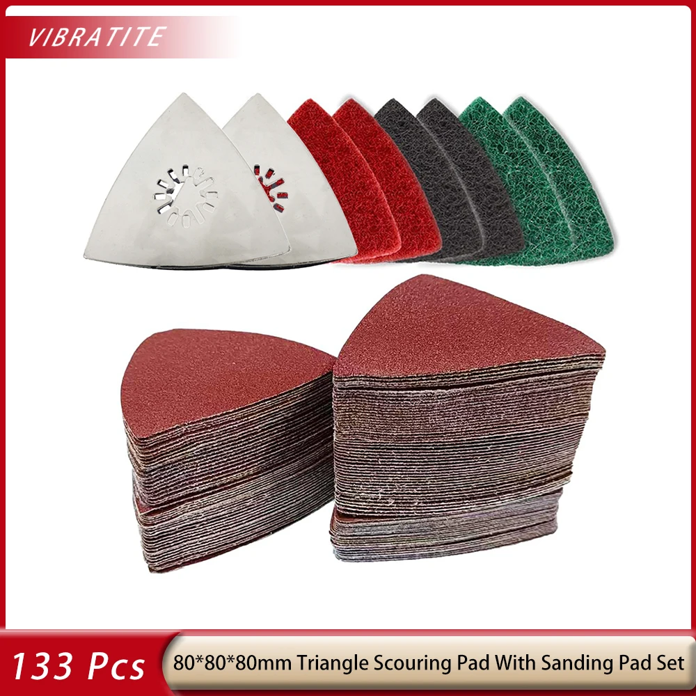 VIBRATITE 80*80*80mm Triangle Sandpaper Set 133PCS oscillating Tool Sanding Pads kit for Surface Sanding,Mechanical Maintenance